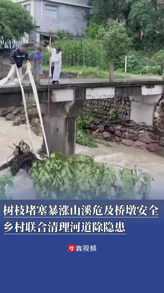防汛火线｜枯枝堵塞暴涨山溪危及桥墩安全，乡村联合清理河道除隐患