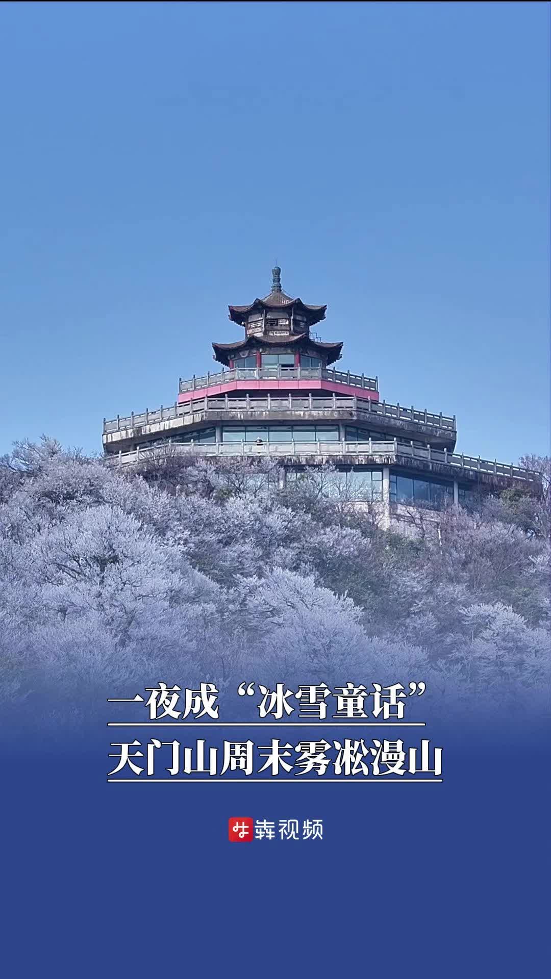 一夜成“冰雪童话”，天门山周末雾凇漫山