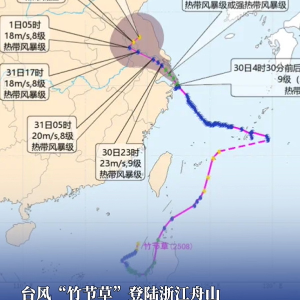 台风“竹节草”登陆浙江舟山，沪苏浙部分地区有大暴雨局地特大暴雨