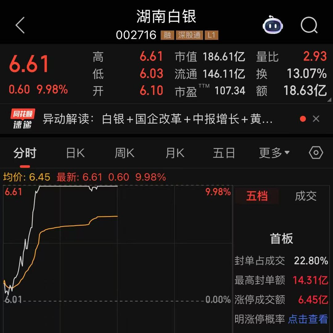 A股有色金屬板塊強勢領(lǐng)漲，湖南白銀沖高漲停