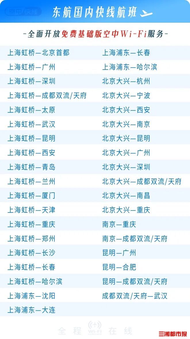 东航官宣：即日起空中Wi-Fi免费，包括长沙航线
